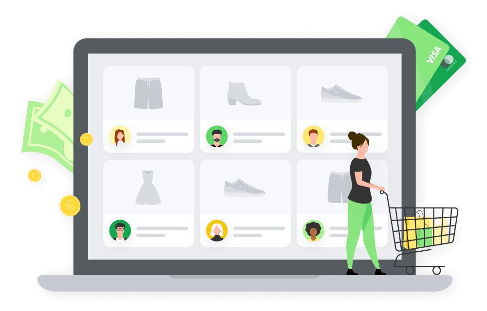 Web browser with multple product cards and shopping cart.